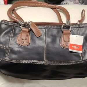 Relic Black Shoulder Tote with Brown Braided Handles